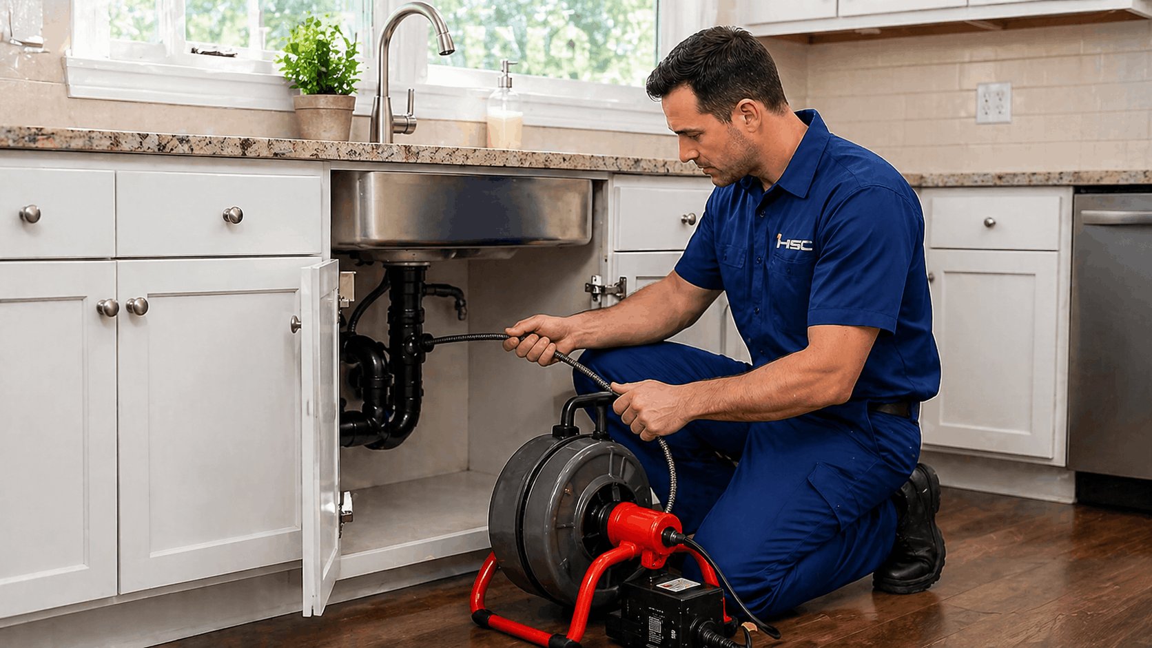 Hawkins Service Company plumber clearing a clogged drain in Tampa